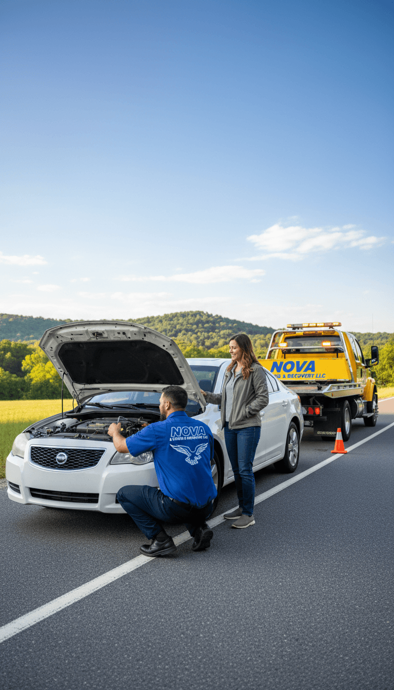 Tow truck operator assisting stranded motorist