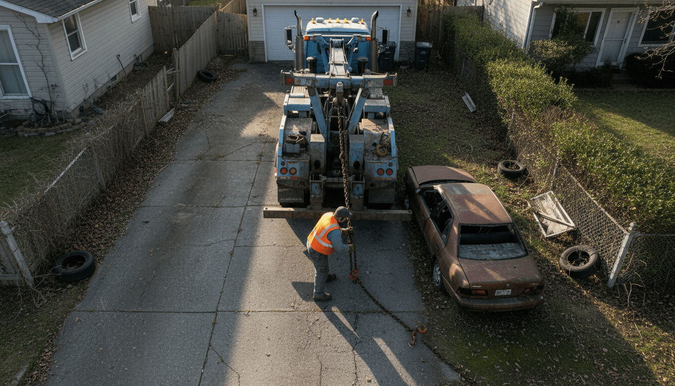 Heavy-duty tow truck operator securing chains to abandoned sedan in residential driveway with professional equipment