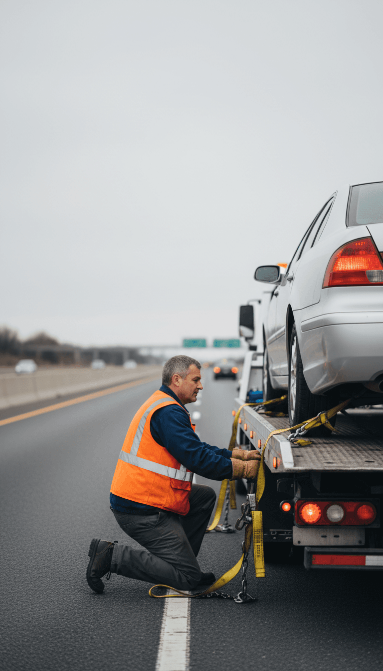 Tow truck operator in safety vest securing disabled vehicle to flatbed using heavy-duty straps on highway